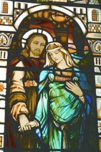 StainGlassPregMMYeshua Mary Magdalene and Jesus depicted as husband and wife, Magdalene pregnant