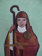 Saint Brigid with Bishop's Crosier and her famous cross made of straw